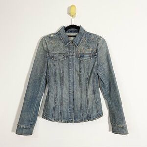 Elie Tahari Faded Medium Wash Floral Embroidered Jean Jacket